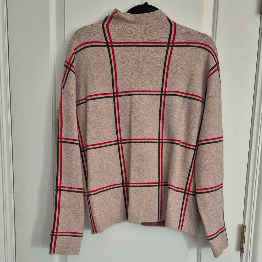 Tahari Beige and Red Plaid Turtleneck Sweater